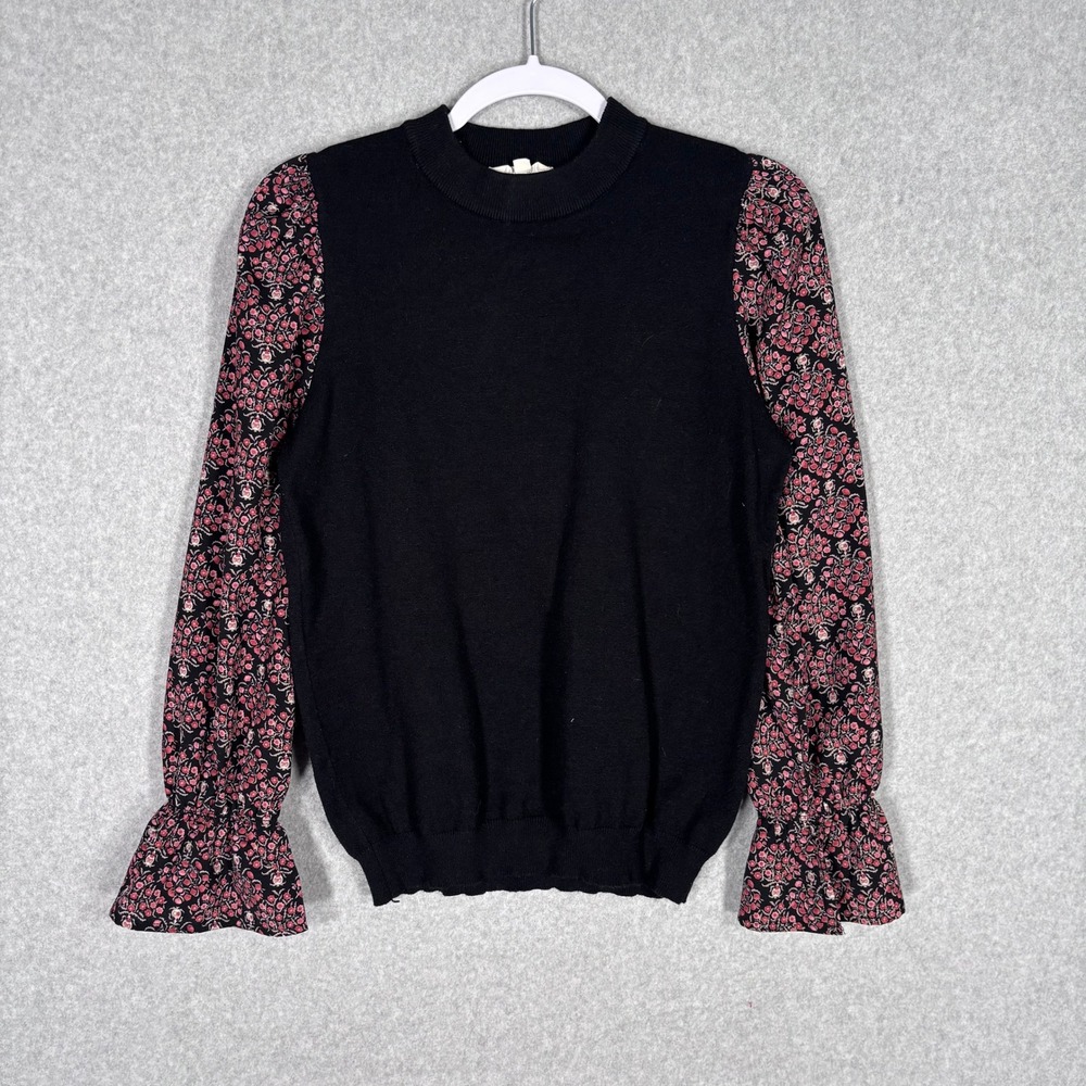 Anthropologie THML Sweater Medium Dark Floral Puff Ruffle Sleeve Whimsigoth Twee